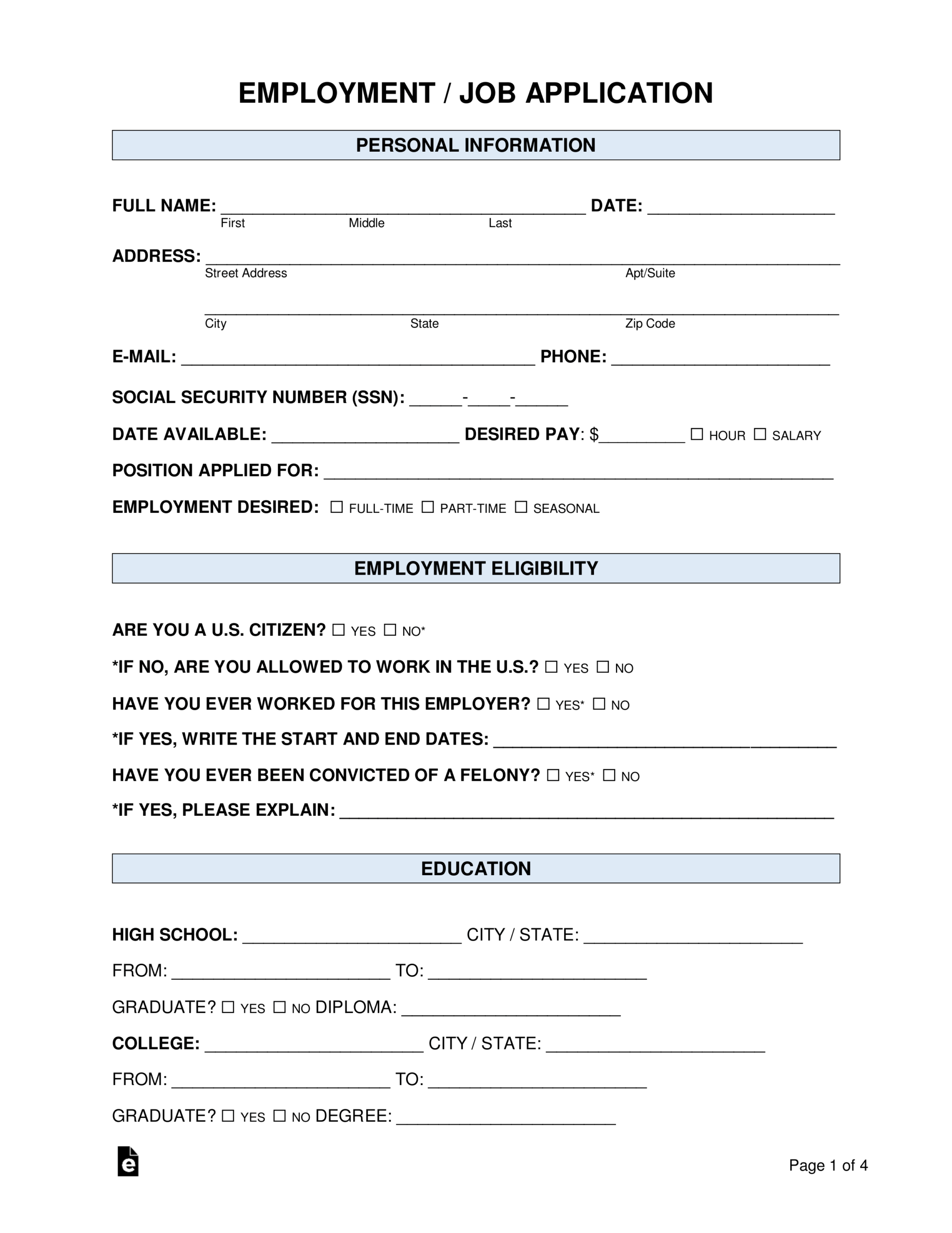 Free Job Application Form Standard Template Word Pdf Regarding