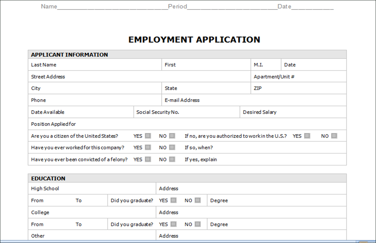 Handout Employment Application In Employment Application Template