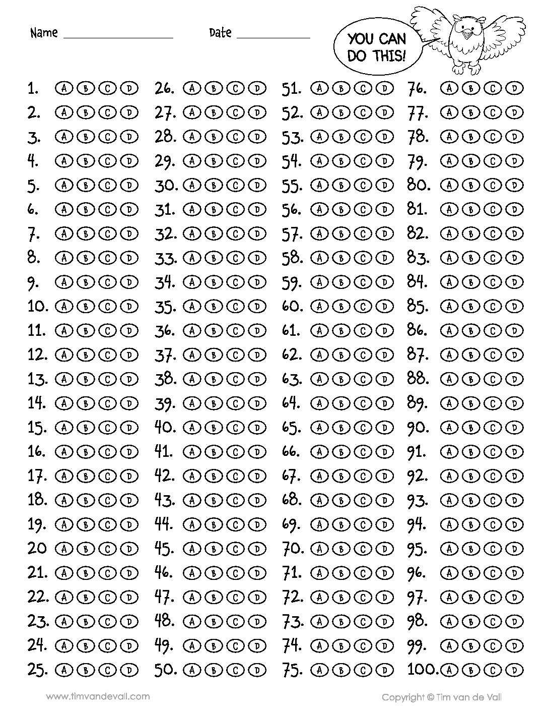 100 Question Answer Sheet - Tim's Printables Pertaining To Blank Answer Sheet Template 1 100