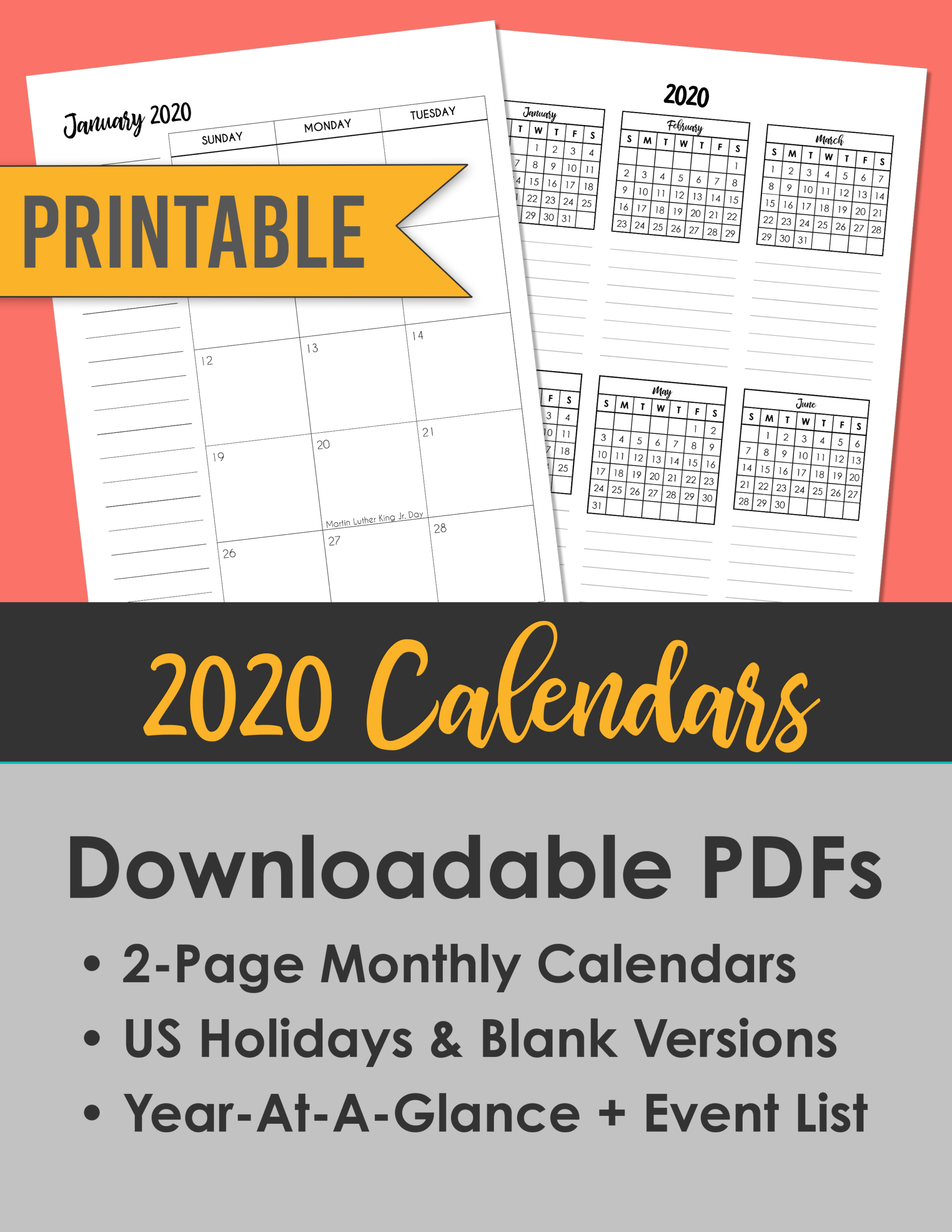 2020 Monthly Calendars + Year At A Glance | Brush Lettering In Month At A Glance Blank Calendar Template