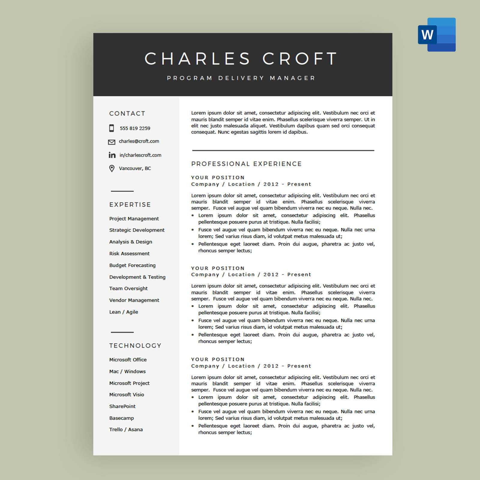 4 Page Resume / Cv Template Package For Microsoft™ Word - The 'charlie' For Microsoft Word Resumes Templates