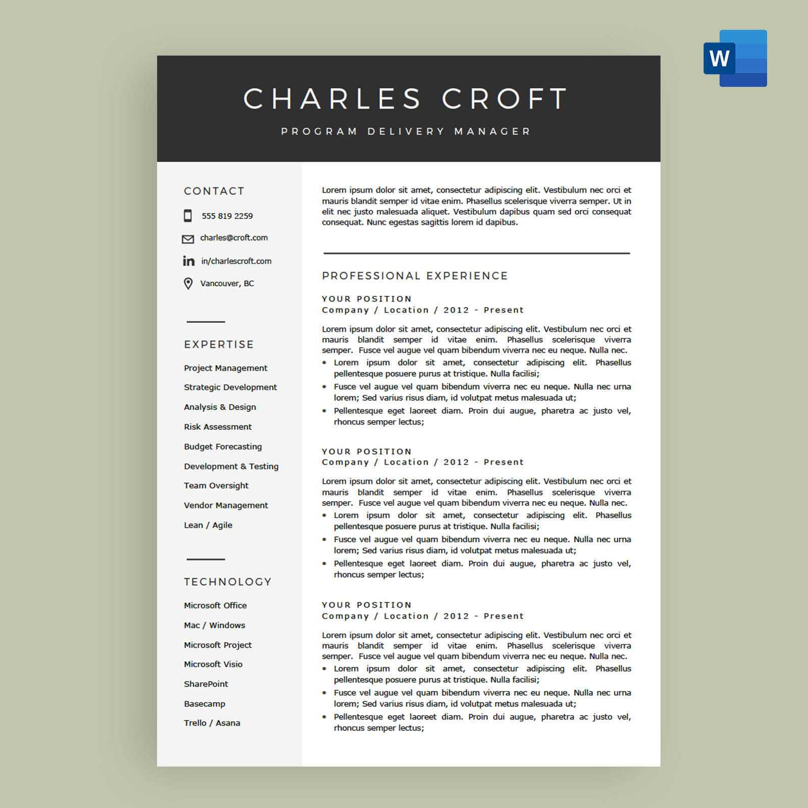 4 Page Resume Cv Template Package For Microsoft Word The charlie 