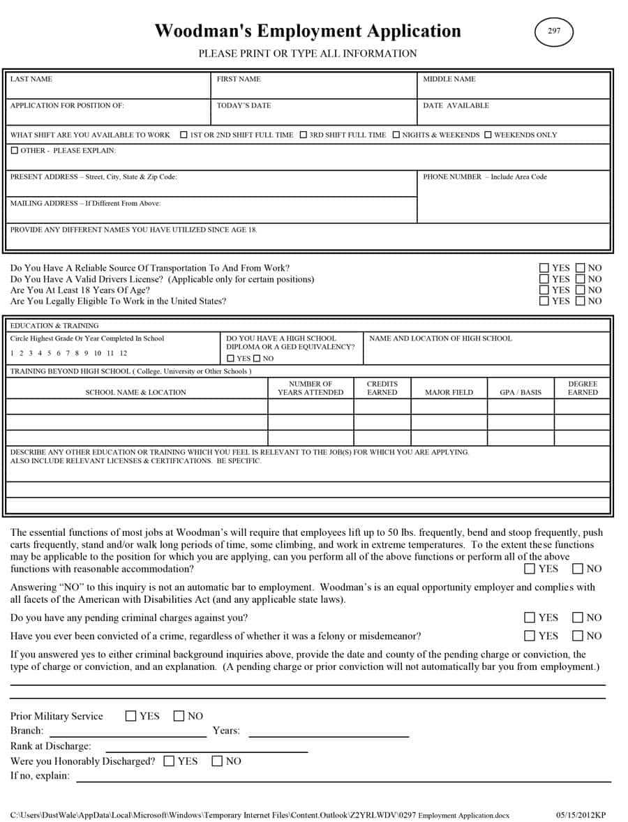50 Free Employment / Job Application Form Templates With Regard To Employment Application Template Microsoft Word