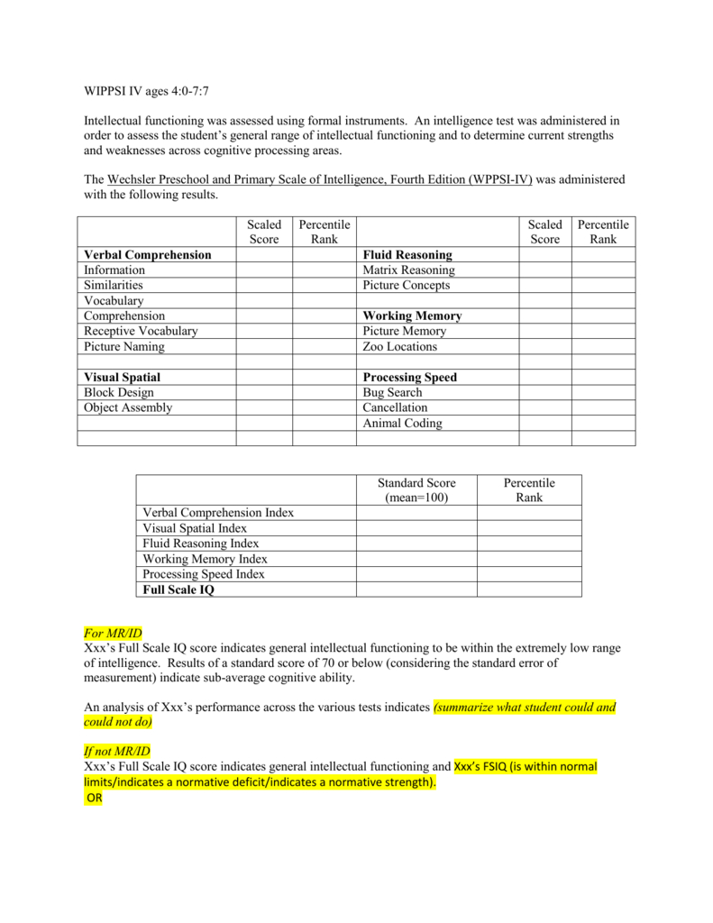 8 Cognitive Template Wppsi Iv Ages 4 0 7 7 In Wppsi Iv Report Template