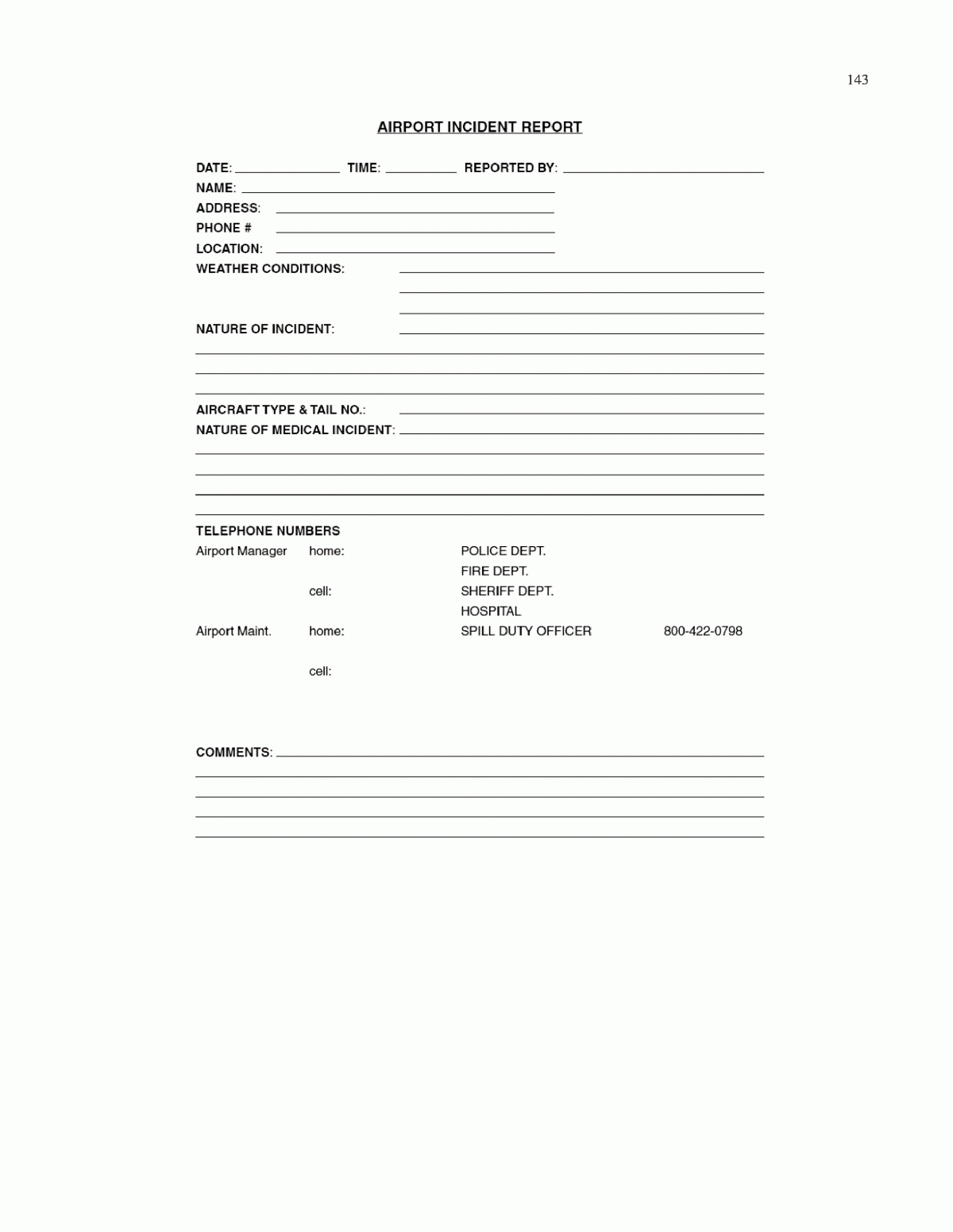 Appendix M – Sample Airport Incident Report Form For Spill Within Incident Report Book Template