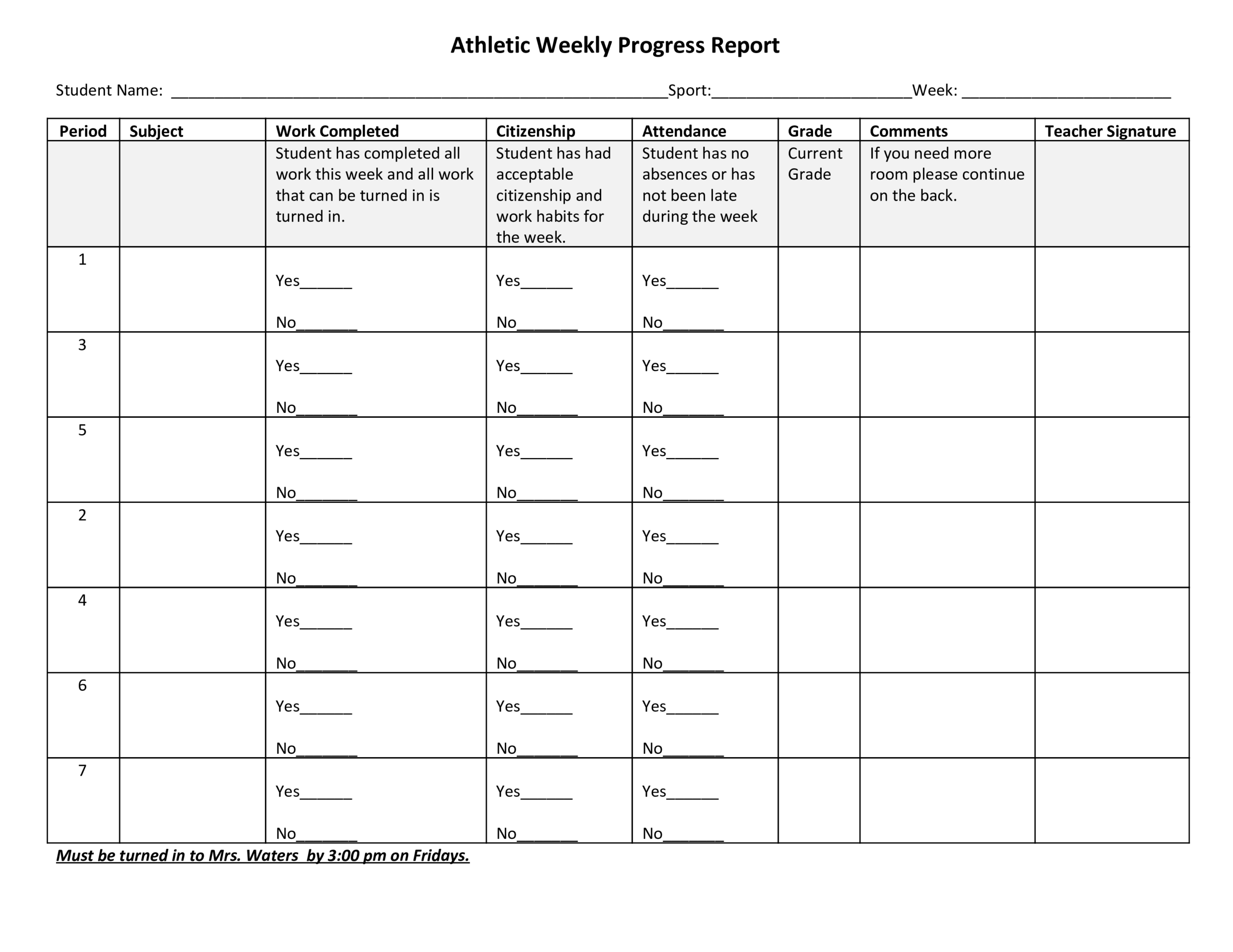 Athletic Weekly Progress Report | Templates At Inside Student Grade Report Template
