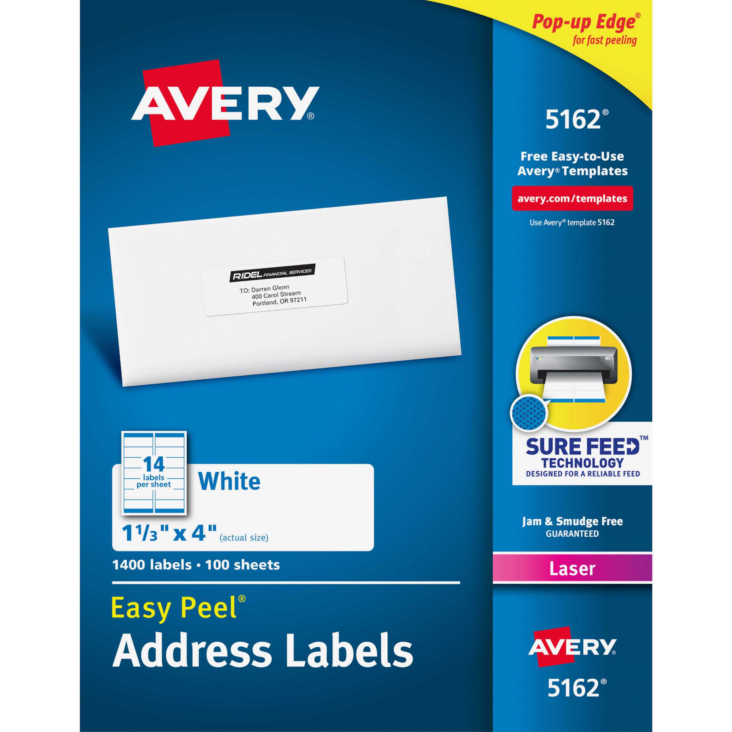 Avery® Easy Peel(R) Address Labels, Sure Feed(Tm) Technology, Permanent  Adhesive, 1 1/3" X 4", 1,400 Labels (5162) – Permanent Adhesive – 4" Width  X 1 Inside Label Template 21 Per Sheet Word