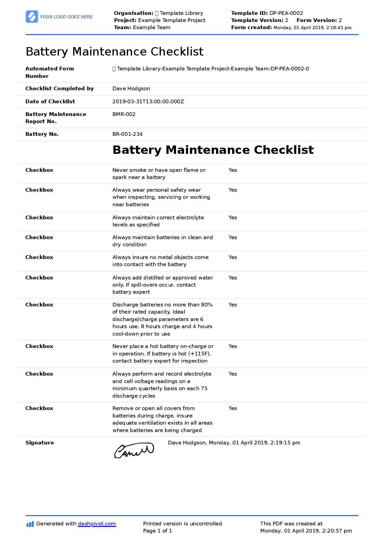 Battery Maintenance Checklist (Forklift, Industrial, Golf For Computer Maintenance Report Template
