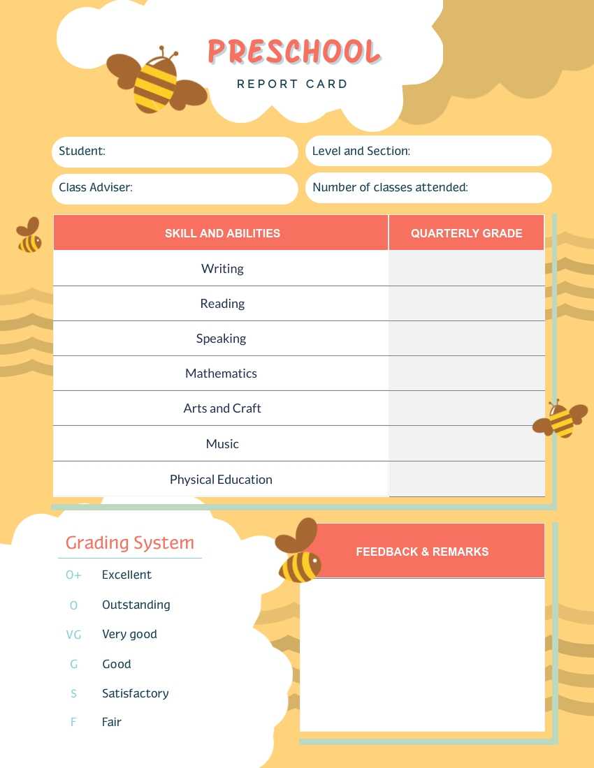 Bee Preschool Report Card Template – Visme With Regard To Preschool Progress Report Template