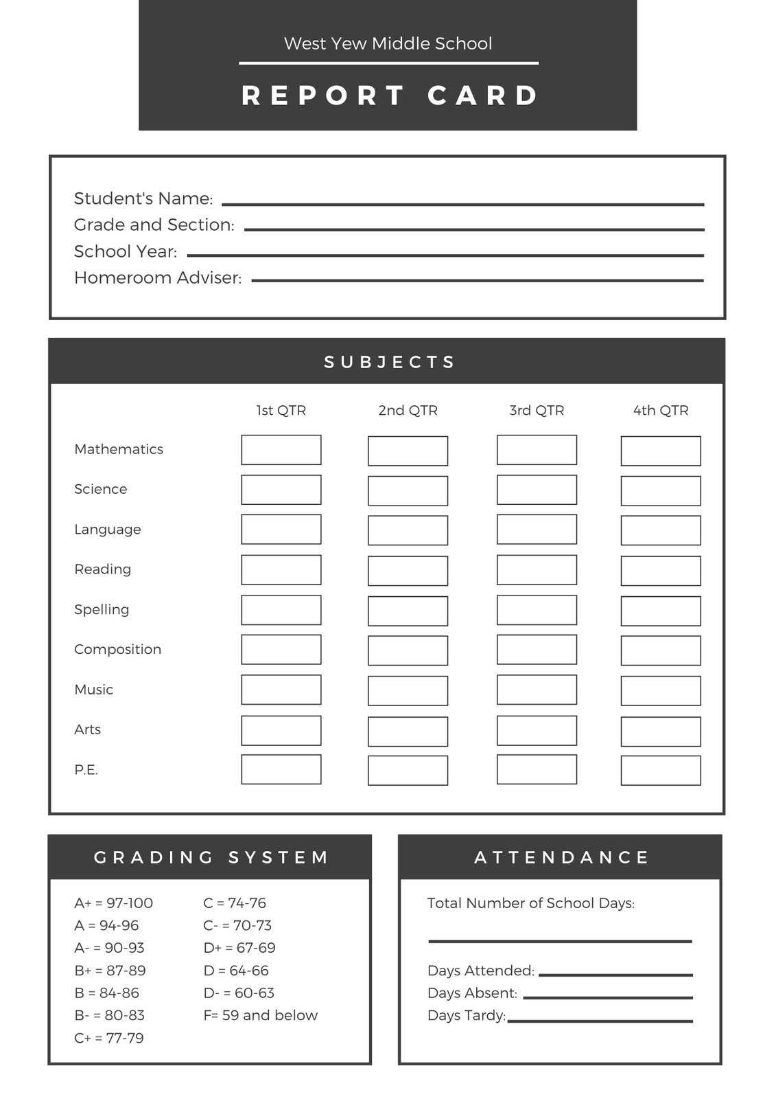 Black White Middle School Report Card – Templatescanva Inside Middle School Report Card Template