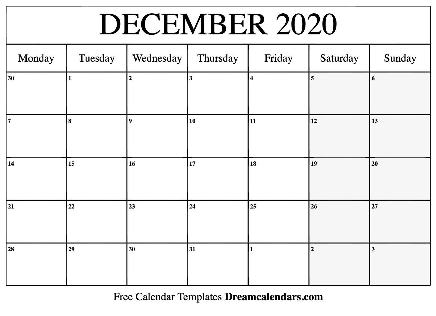 Blank December 2020 Calendar Printable – Calep.midnightpig.co Throughout Full Page Blank Calendar Template