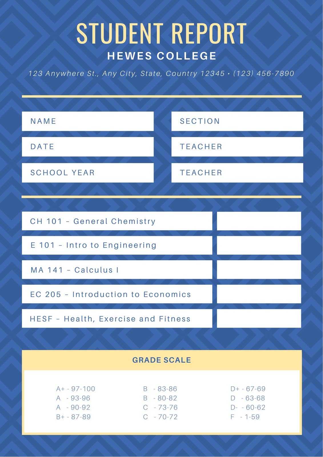 Blue Diamond Pattern College Report Card – Templatescanva Within College Report Card Template