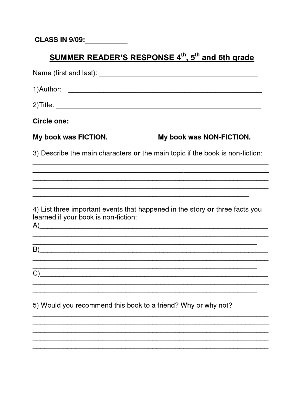 first grade book report worksheet