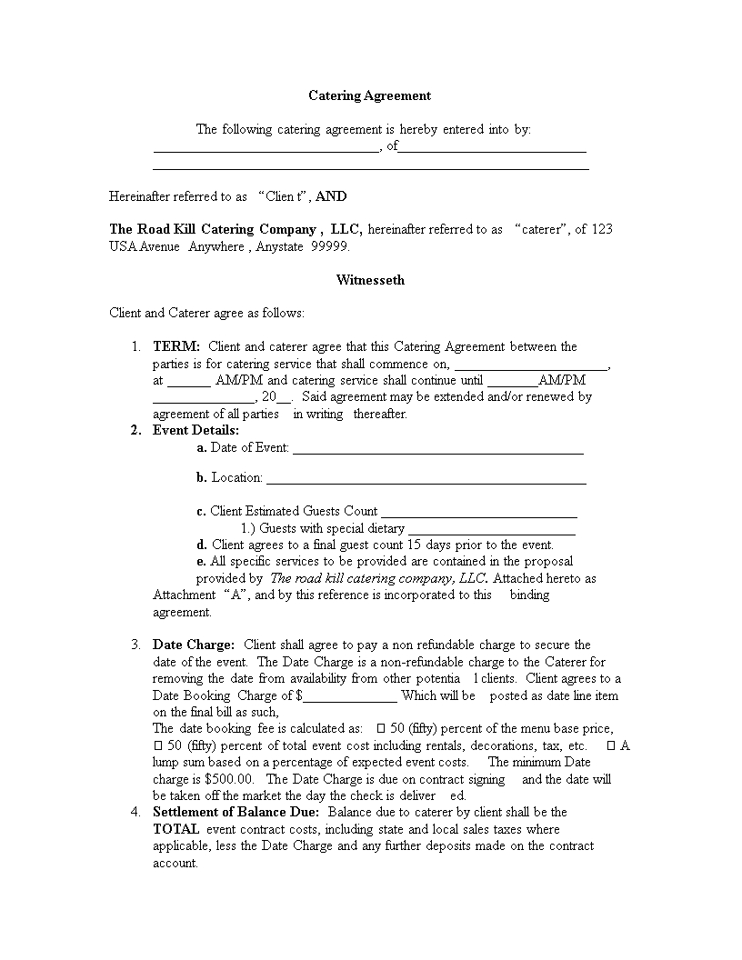 Catering Agreement | Templates At Allbusinesstemplates In Catering Contract Template Word