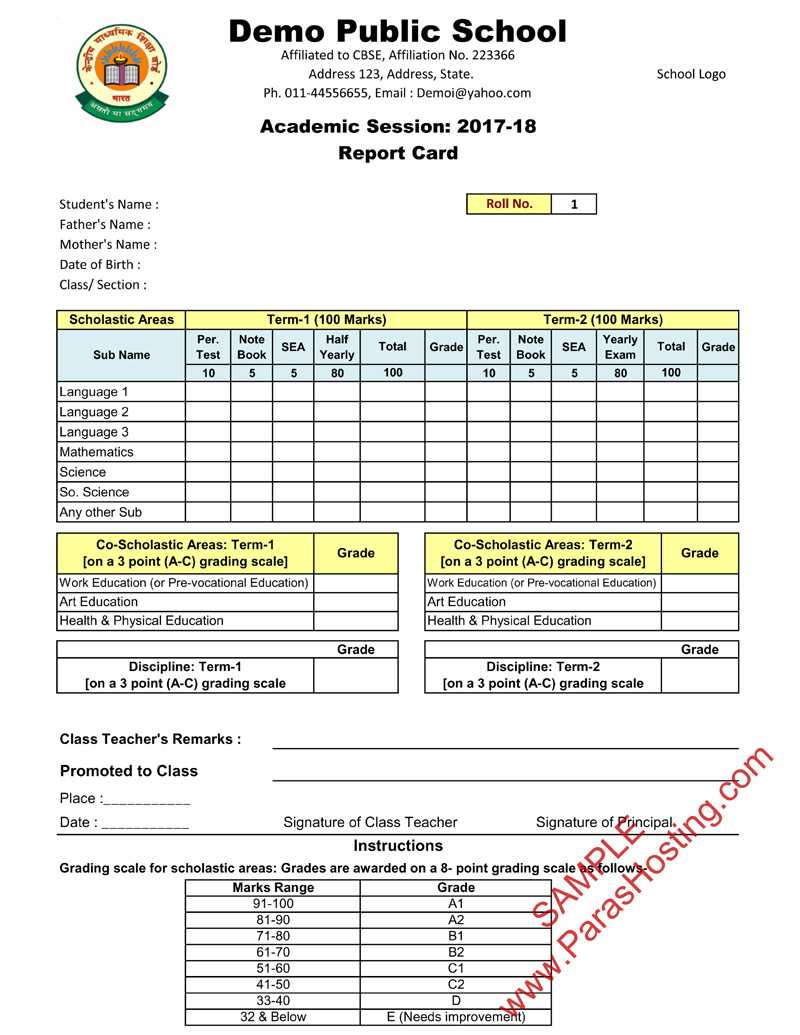 Cbse Report Card Format For Primary Classes  I To V With Report Card Template Pdf