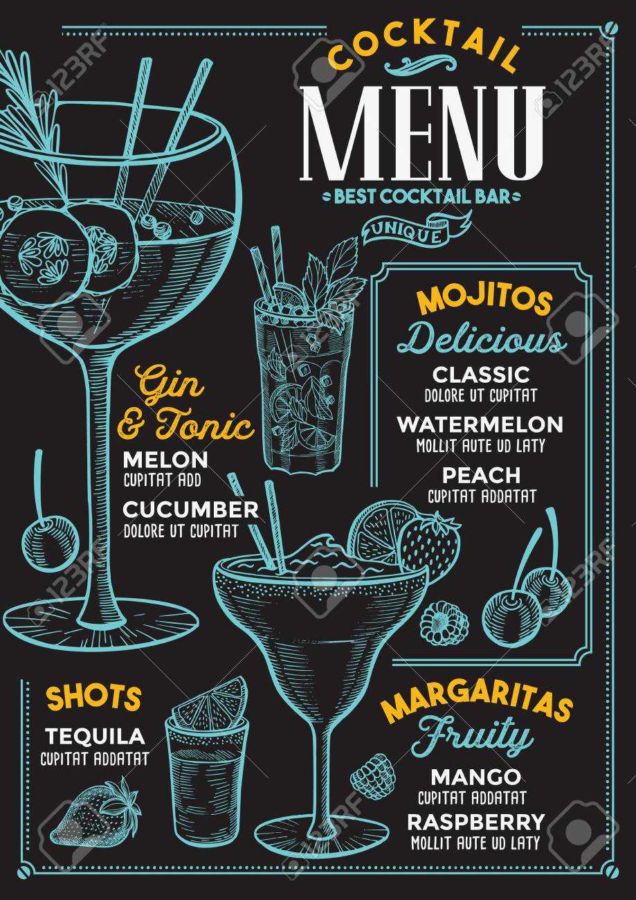 Cocktail Bar Menu. Vector Drinks Flyer For Restaurant And Cafe Regarding Cocktail Menu Template Word Free
