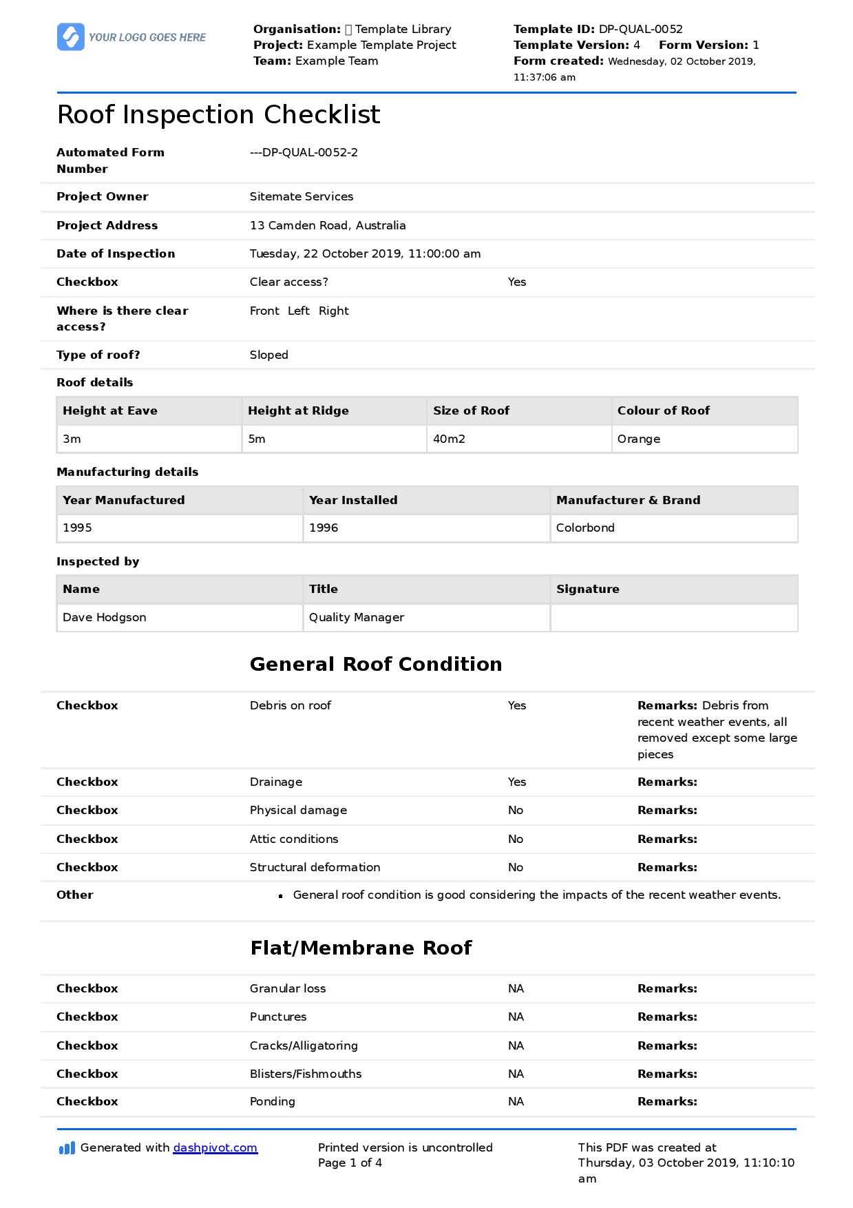 Commercial Roof Inspection Checklist And Report Template Intended For Commercial Property Inspection Report Template