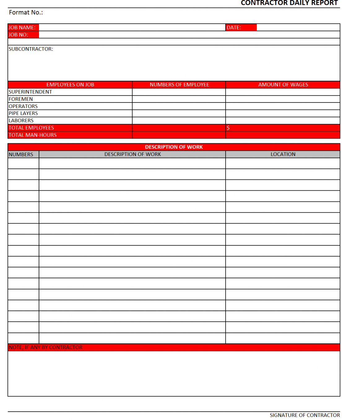 Contractor Daily Report Template Pertaining To Daily Work Report Template