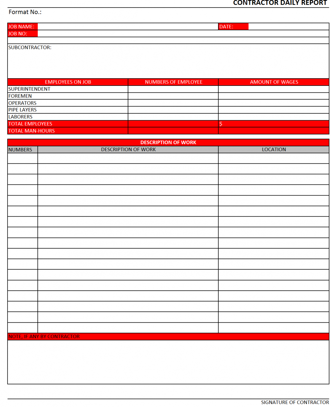 Contractor Daily Report Template Pertaining To Employee Daily Report Template