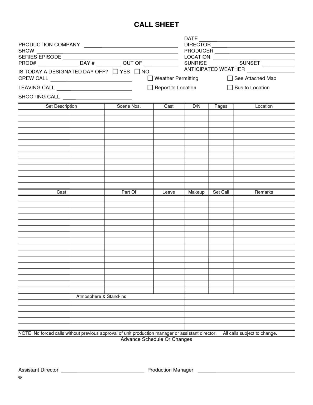 Creative Free Film Production Call Sheet Template Design With Film Call