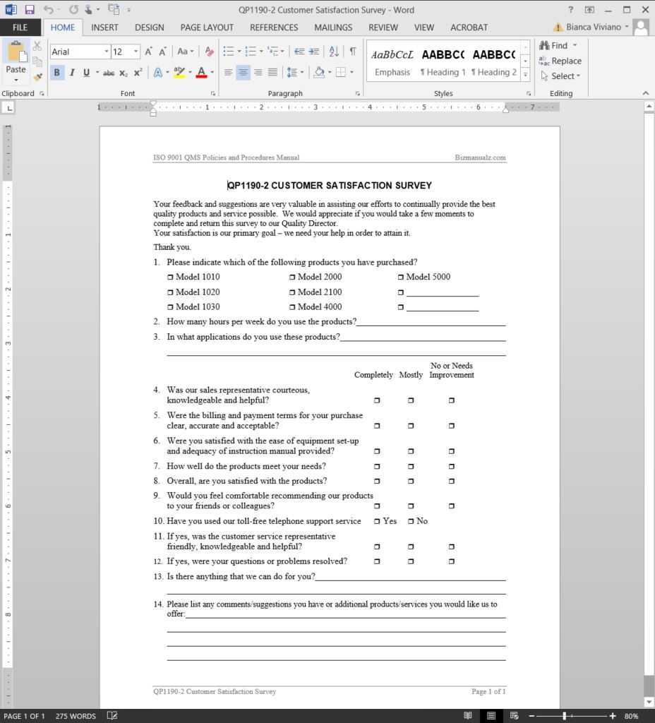 Customer Satisfaction Survey Iso Template | Qp1190 2 Pertaining To Employee Satisfaction Survey Template Word