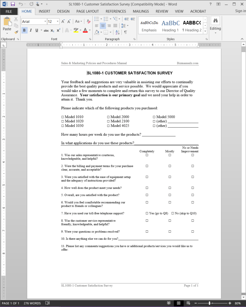 Customer Satisfaction Survey Template | Sl1080 1 In Questionnaire Design Template Word