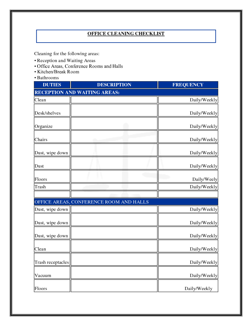 Daily Office Cleaning Checklist And Schedule Template Sample Within Blank Cleaning Schedule Template