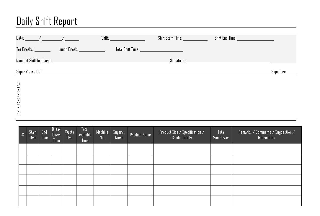 Daily Shift Report - In Shift Report Template