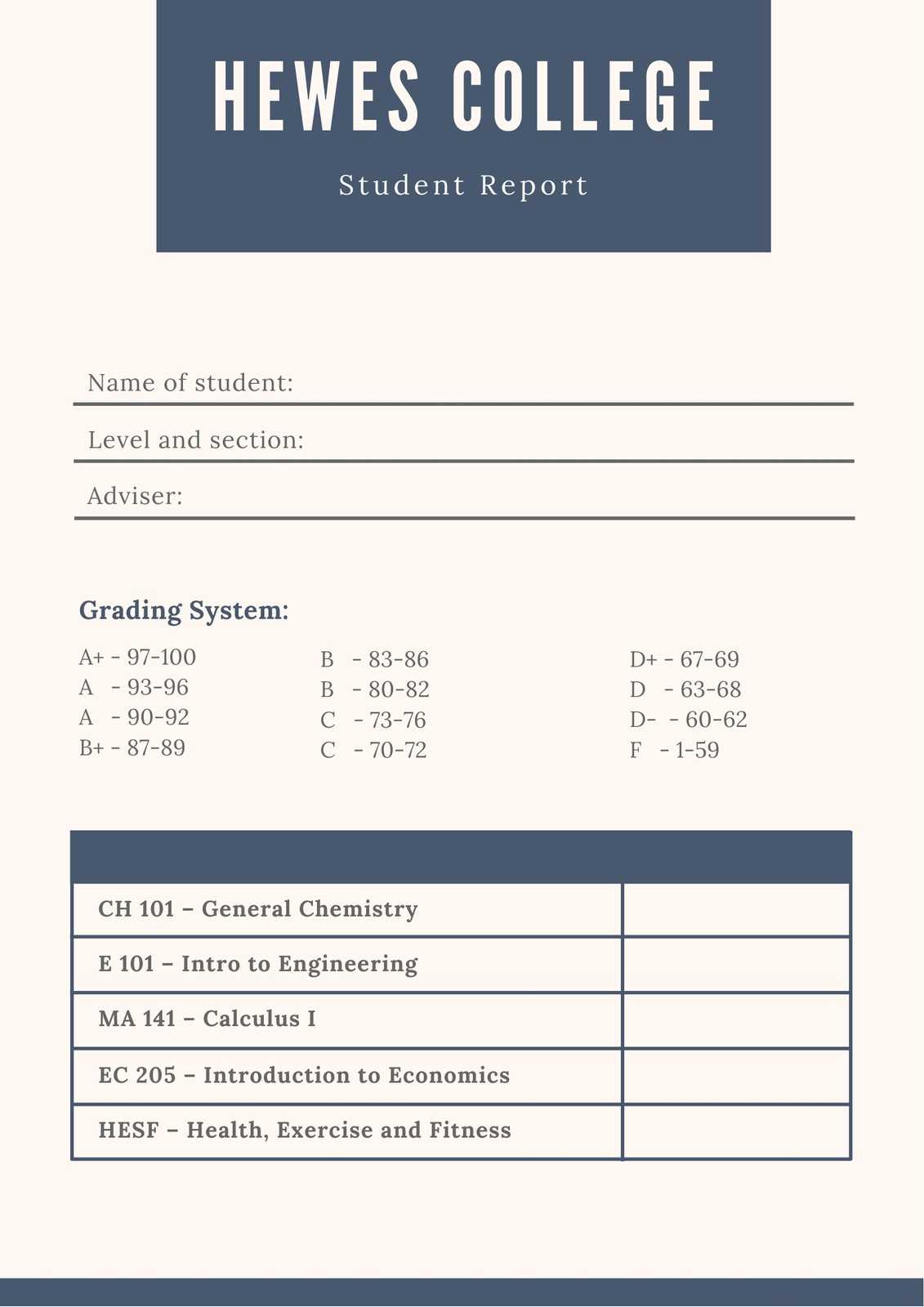 Dark Blue And Cream Simple College Report Card – Templates In College Report Card Template