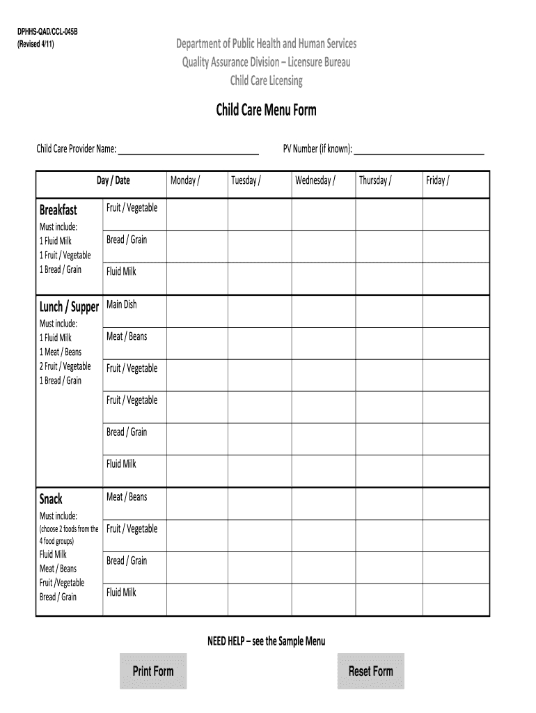 Daycare Menu Template – Fill Online, Printable, Fillable With Megger Test Report Template
