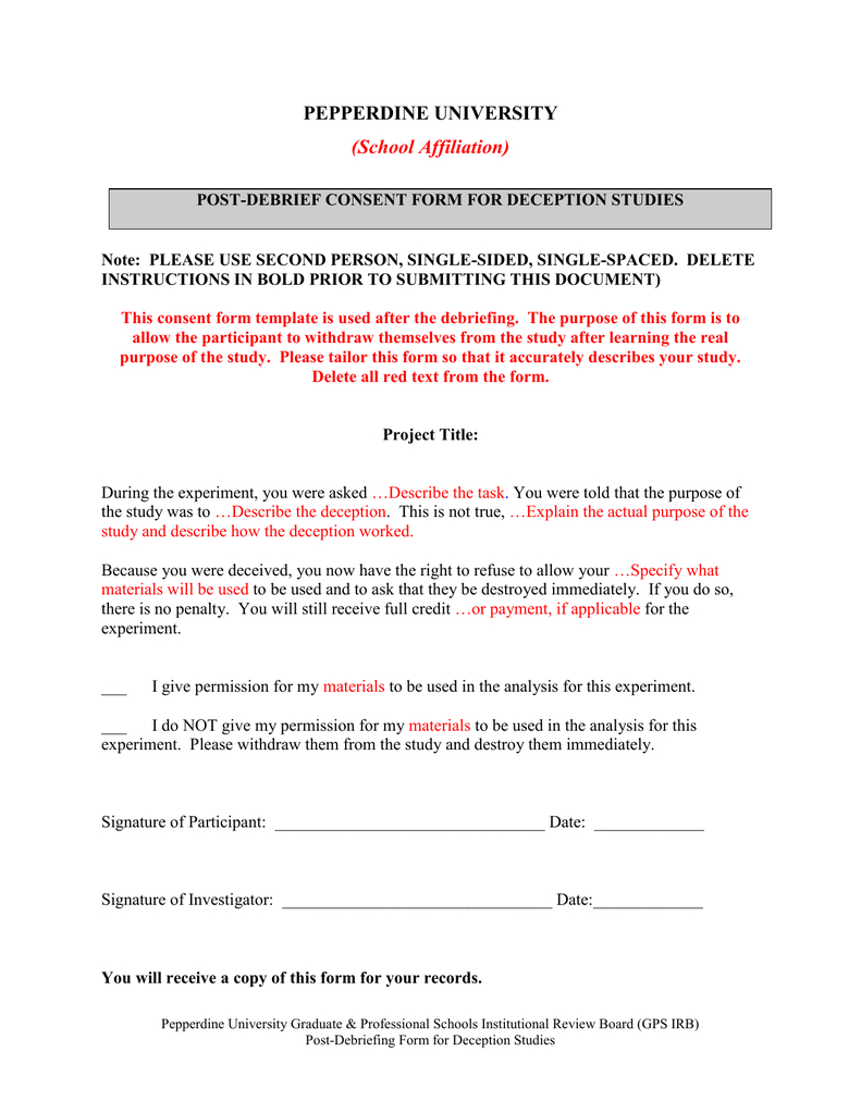 Debriefing Consent Form (Deception Studies, But Other With Debriefing Report Template