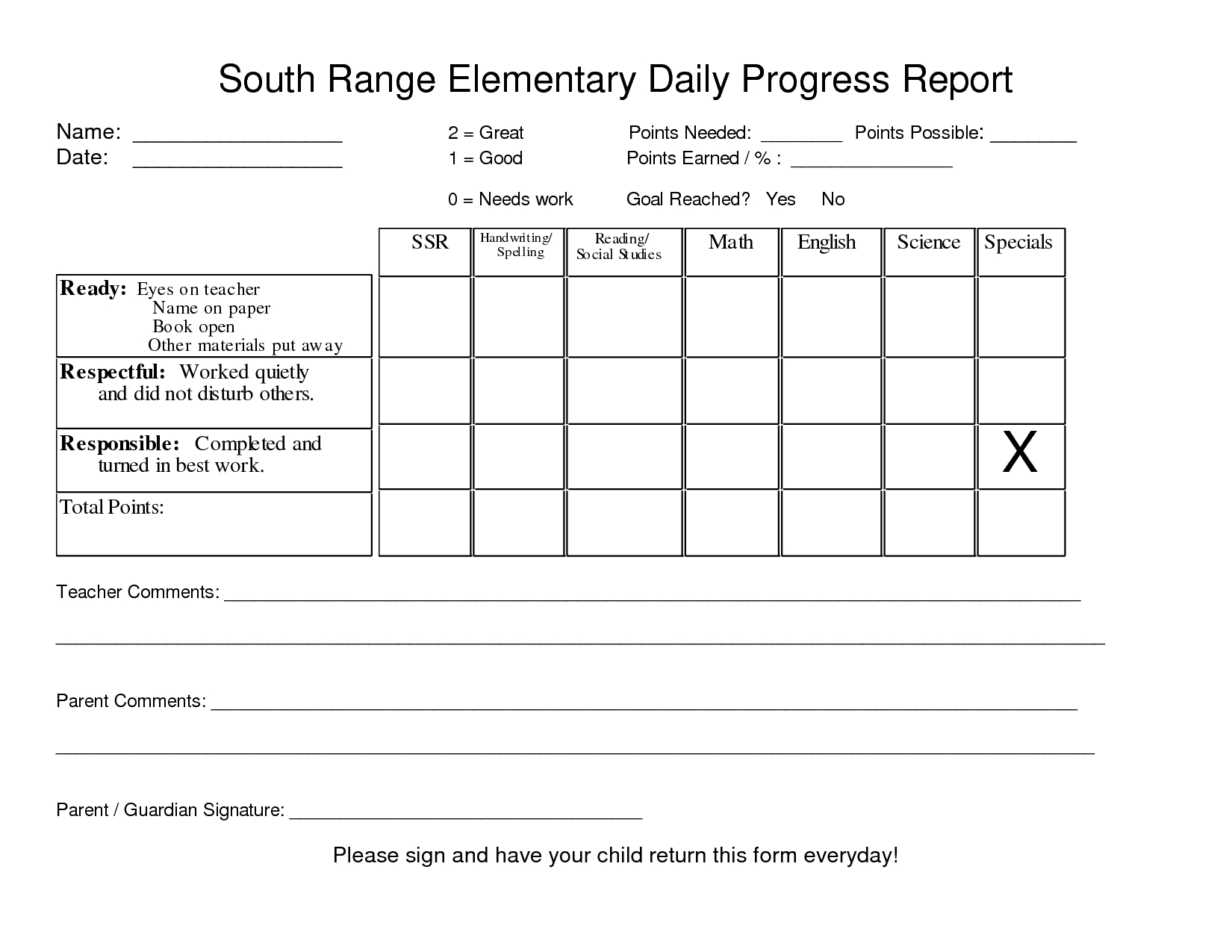Downloadable Elementary School Daily Progress Report For Student Progress Report Template