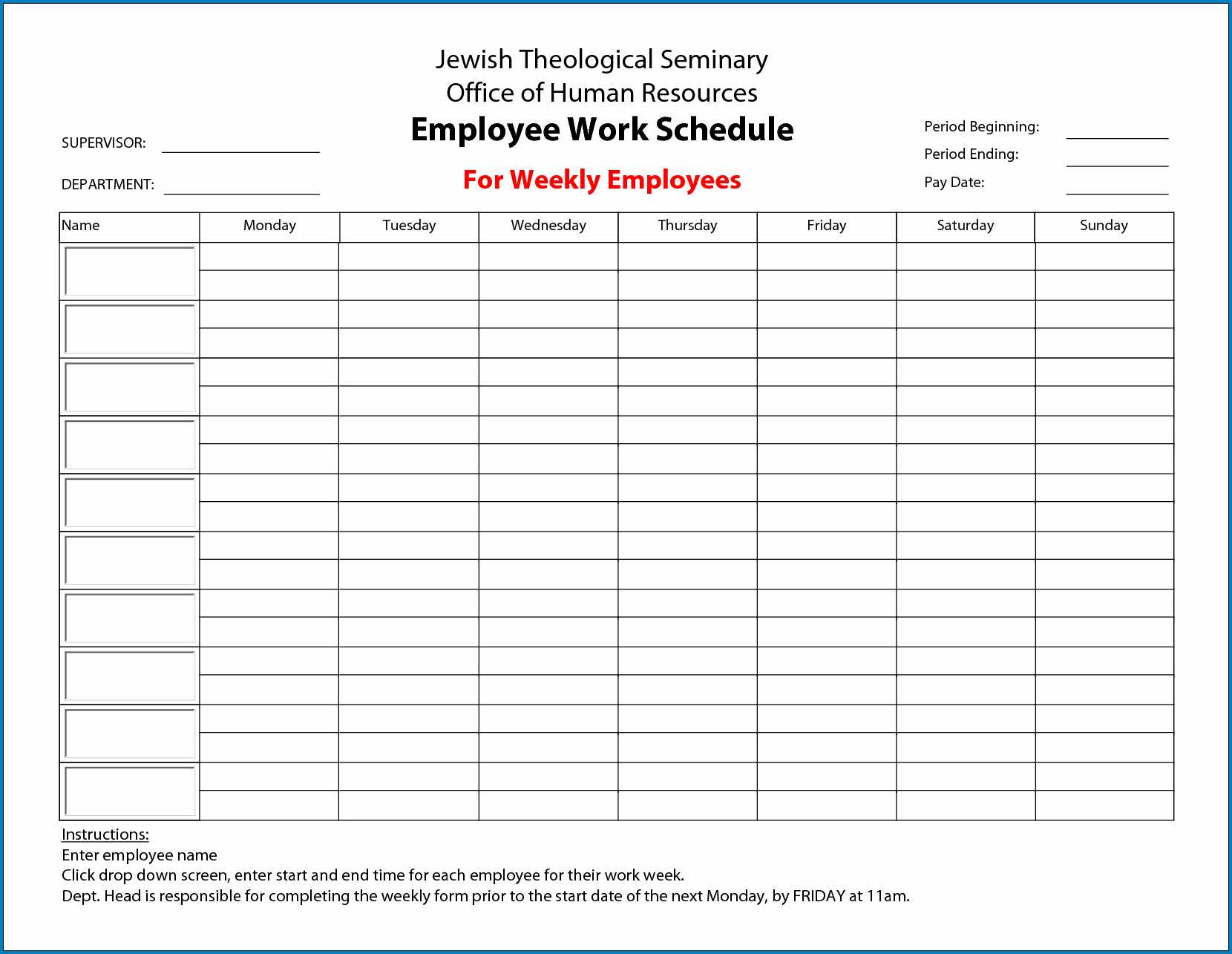 √ Free Weekly Employee Work Schedule Template | Templateral Throughout Blank Monthly Work Schedule Template