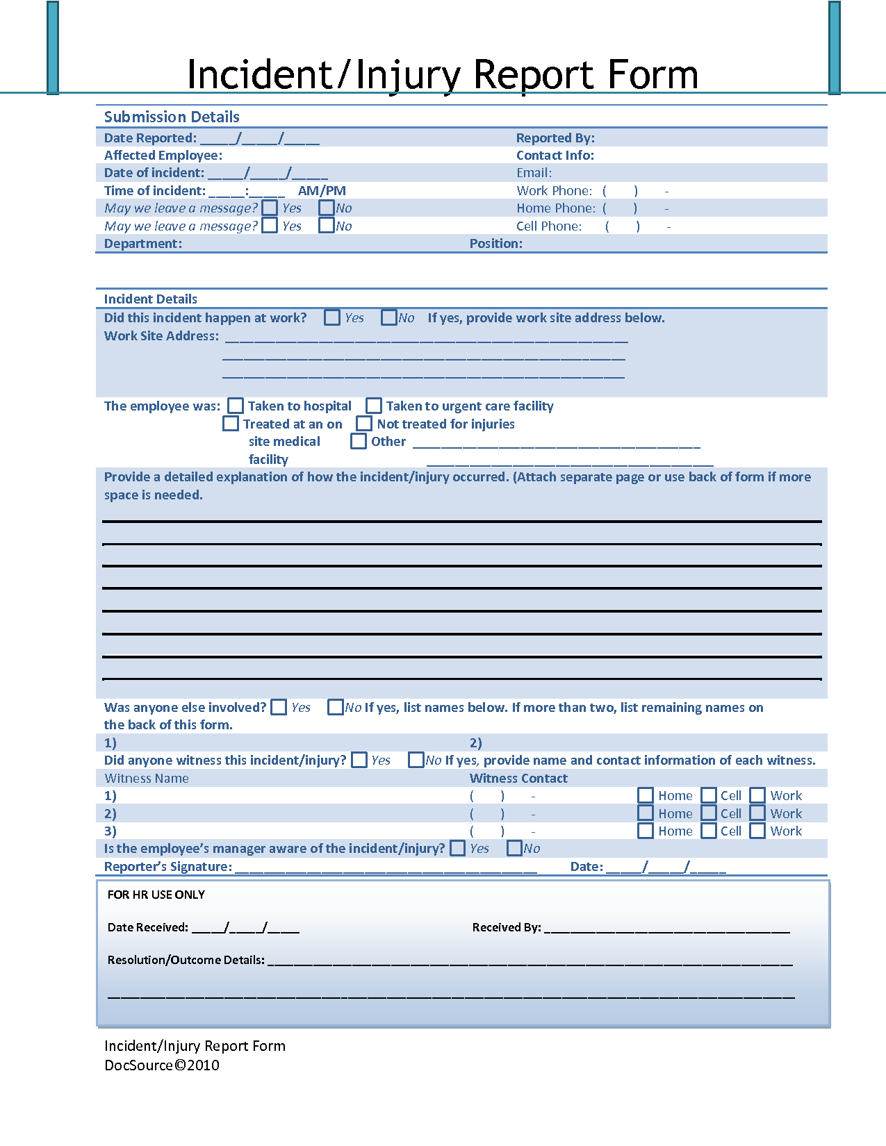 Effective Accident Injury Report Form Template With Blue Pertaining To Injury Report Form Template