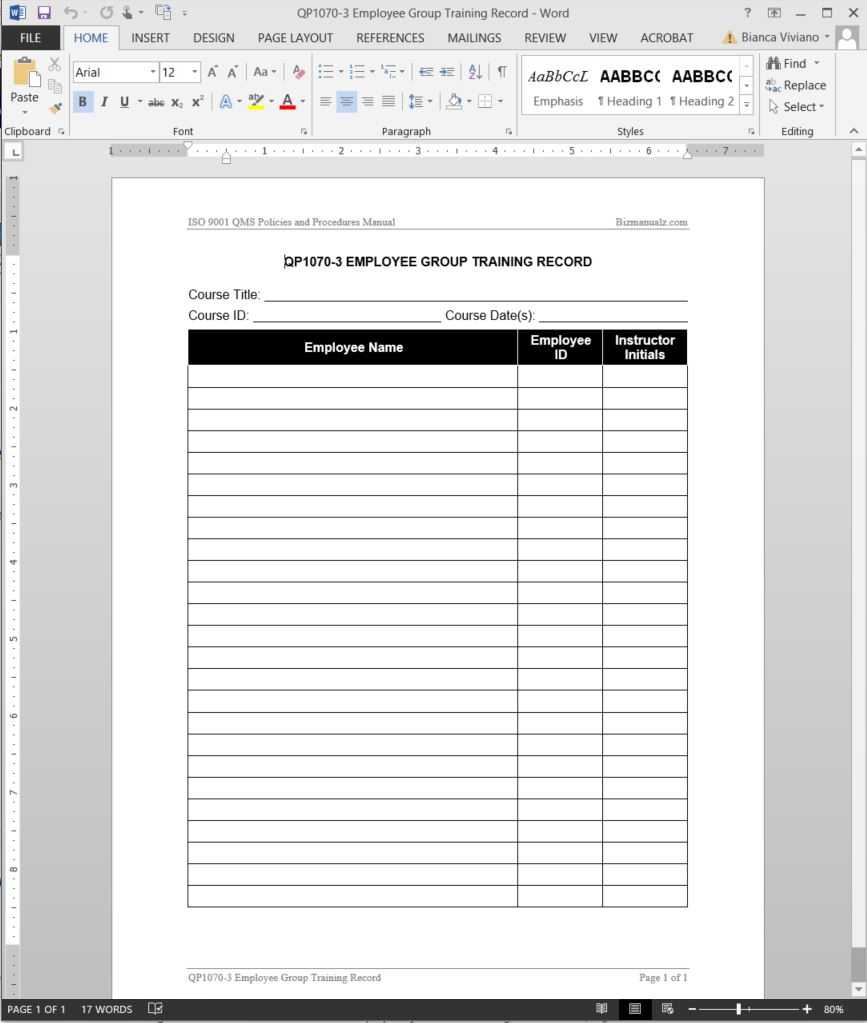 Employee Group Training Record Iso Template | Qp1070 3 For Training Documentation Template Word