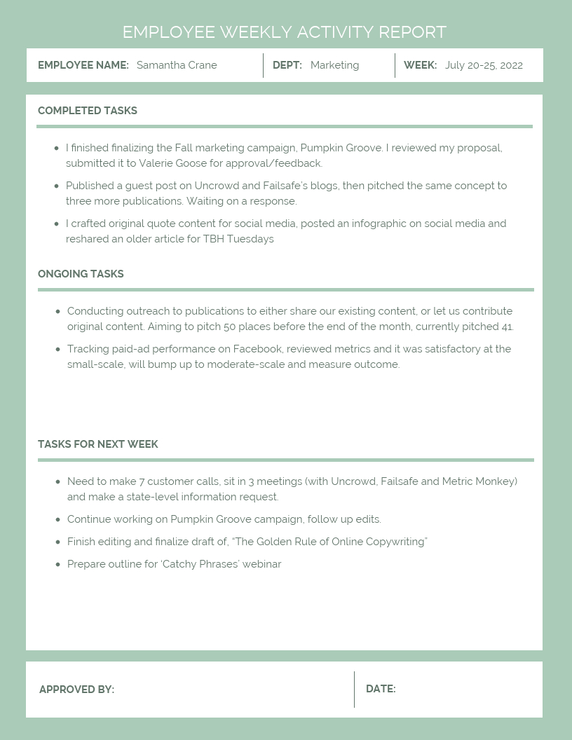 Employee Weekly Activity Report Inside Marketing Weekly Report Template