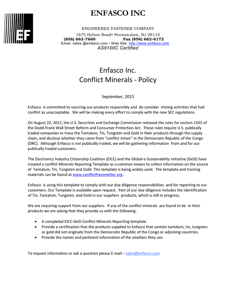 Enfasco Inc Enfasco Inc. Conflict Minerals – Policy | Manualzz Inside Conflict Minerals Reporting Template