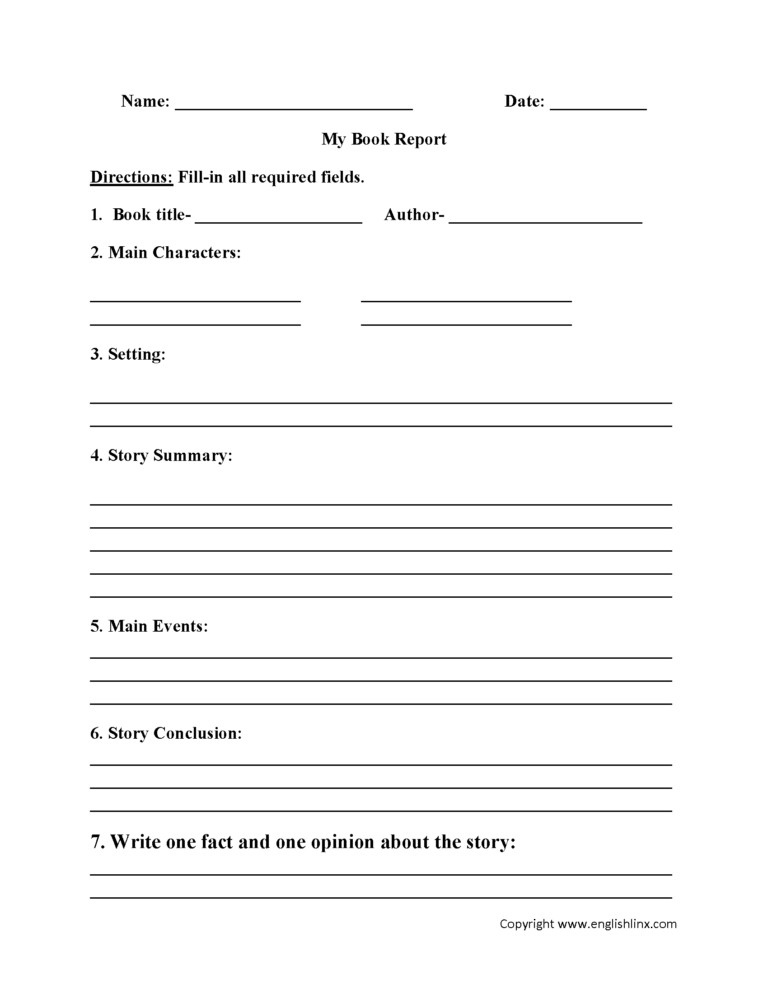 Book Report Template 4Th Grade