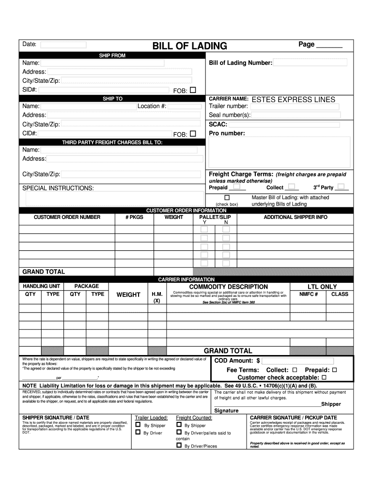 Estes Freight Bill Of Lading – Fill Online, Printable With Blank Bol Template