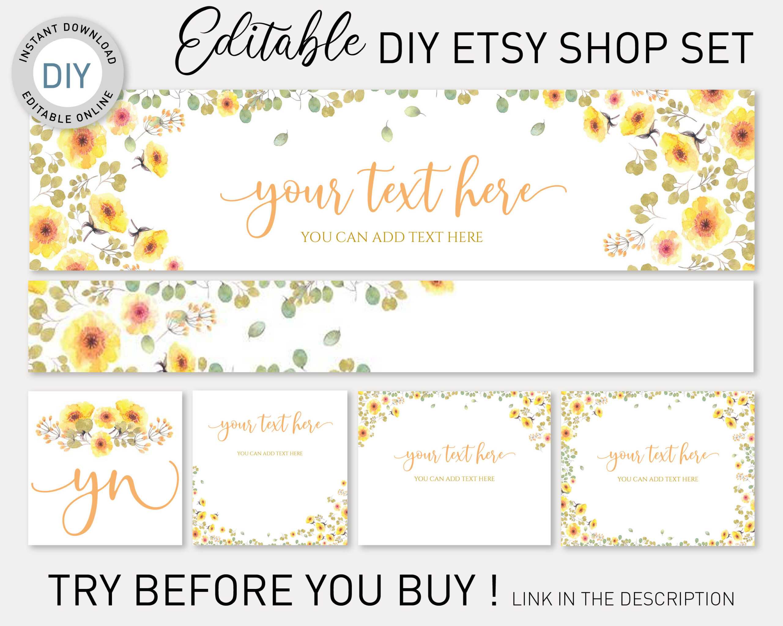Etsy Banner Diy Template, Yellow Watercolor Flowers Etsy Branding Kit, Etsy  Shop Graphics,etsy Cover Image,templett Etsy Shop Mockup Within Etsy Banner Template