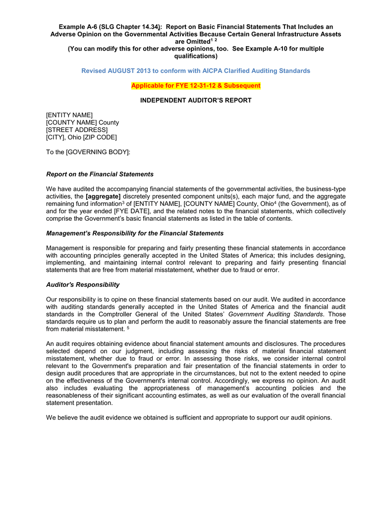 Example A-6 (Slg Chapter 14.34): Report On Basic Financial pertaining to Internal Control Audit Report Template Example A 6 (Slg Chapter 14.34): Report On Basic Financial Pertaining To Internal Control Audit Report Template