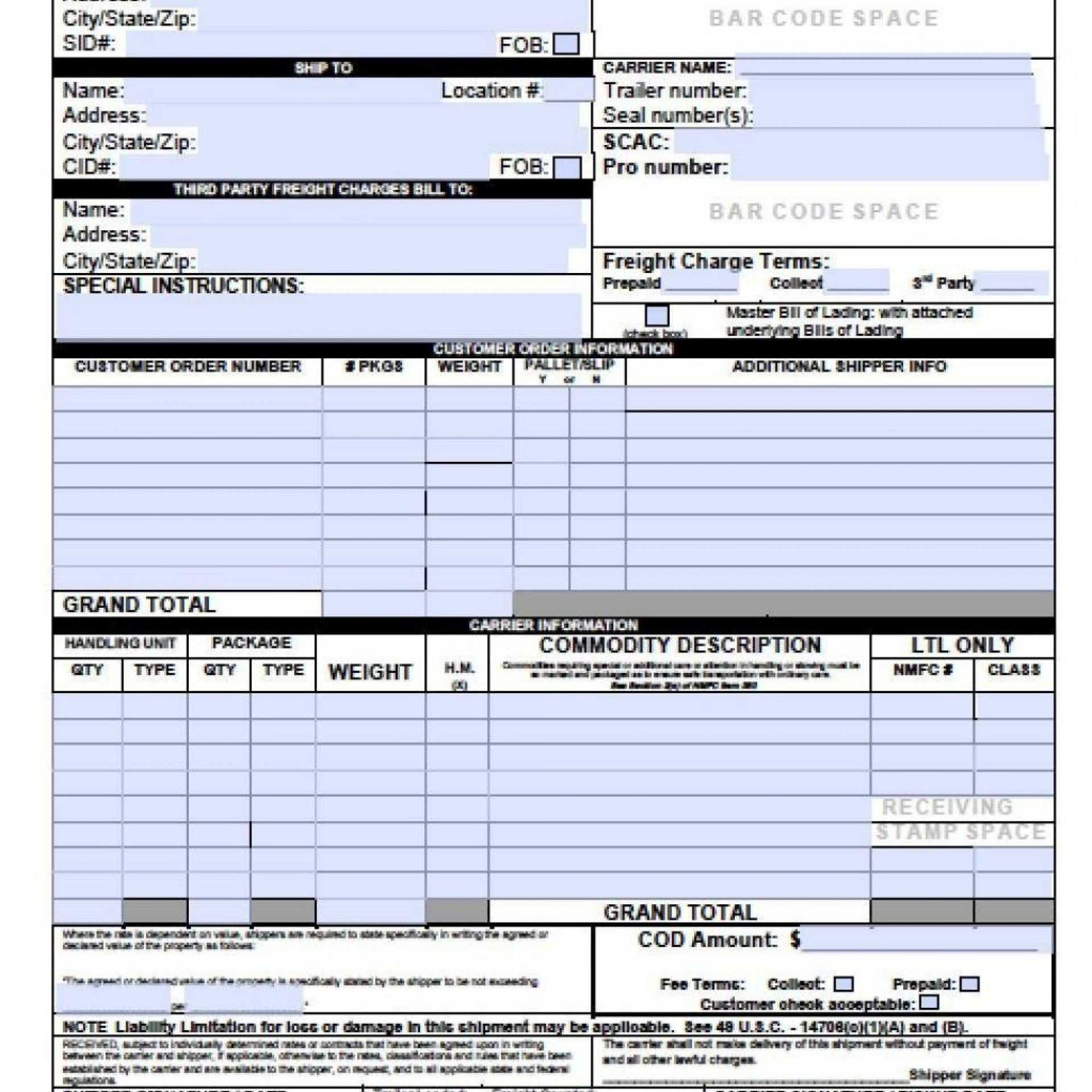 Excel Bill Of Lading Template | Bill Of Lading Form Templates With Regard To Blank Bol Template