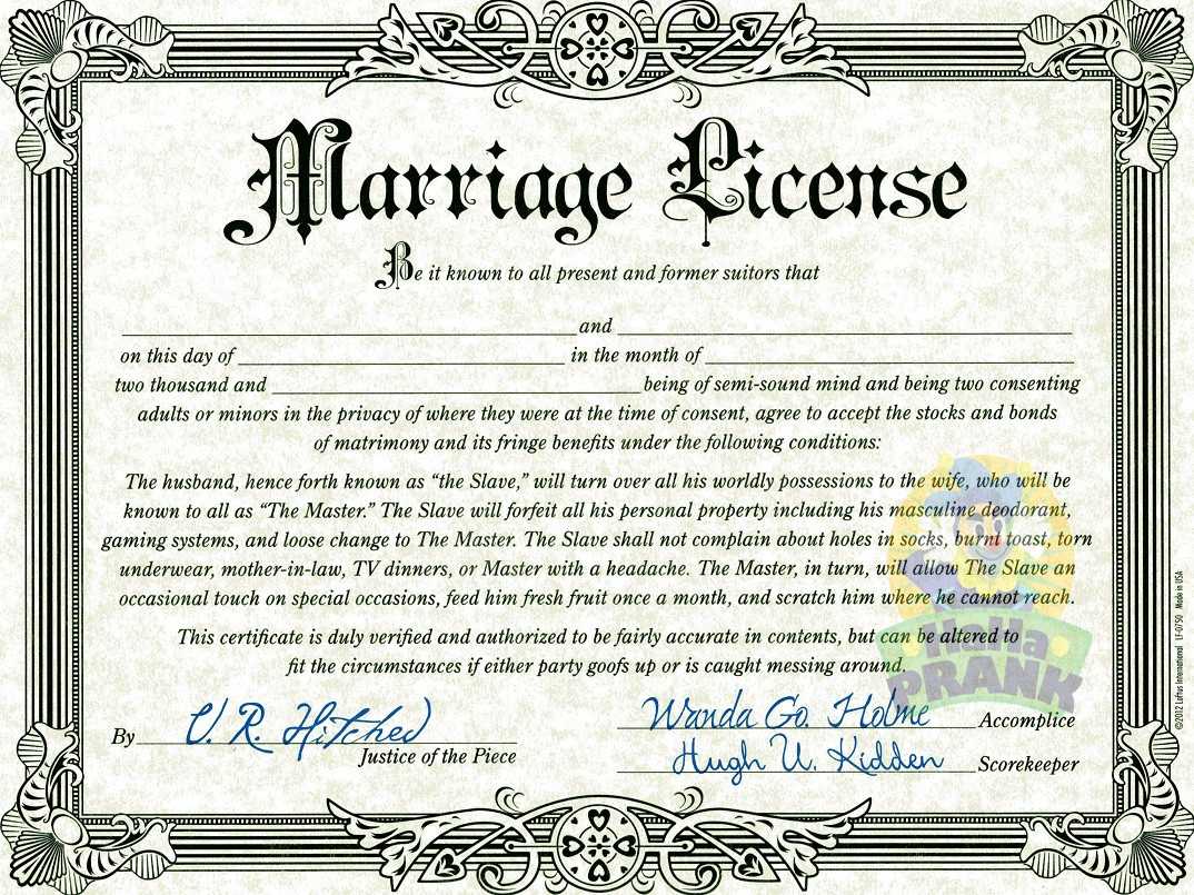 Fake Wedding License – Calep.midnightpig.co Pertaining To Blank Marriage Certificate Template