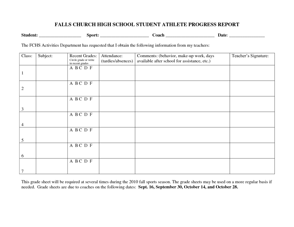 Falls Church High School Student Athlete Progress Report Regarding High School Progress Report Template