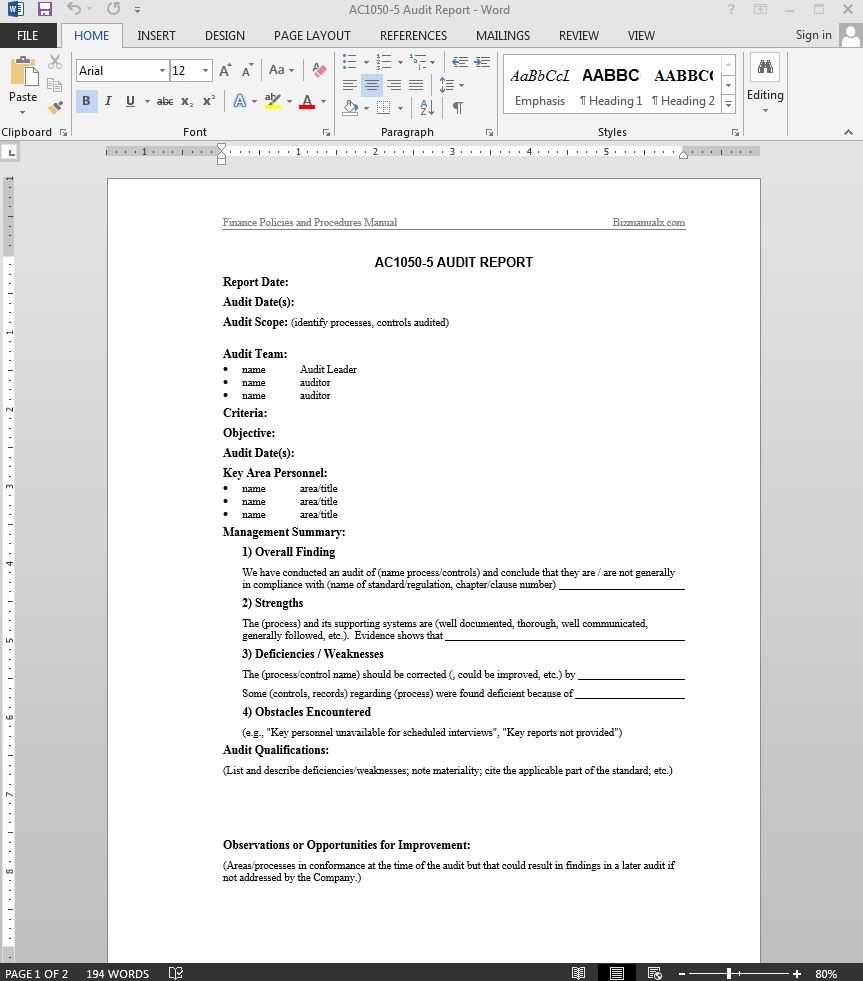 Financial Audit Report Template | Ac1050 5 With Regard To Sales Trip Report Template Word