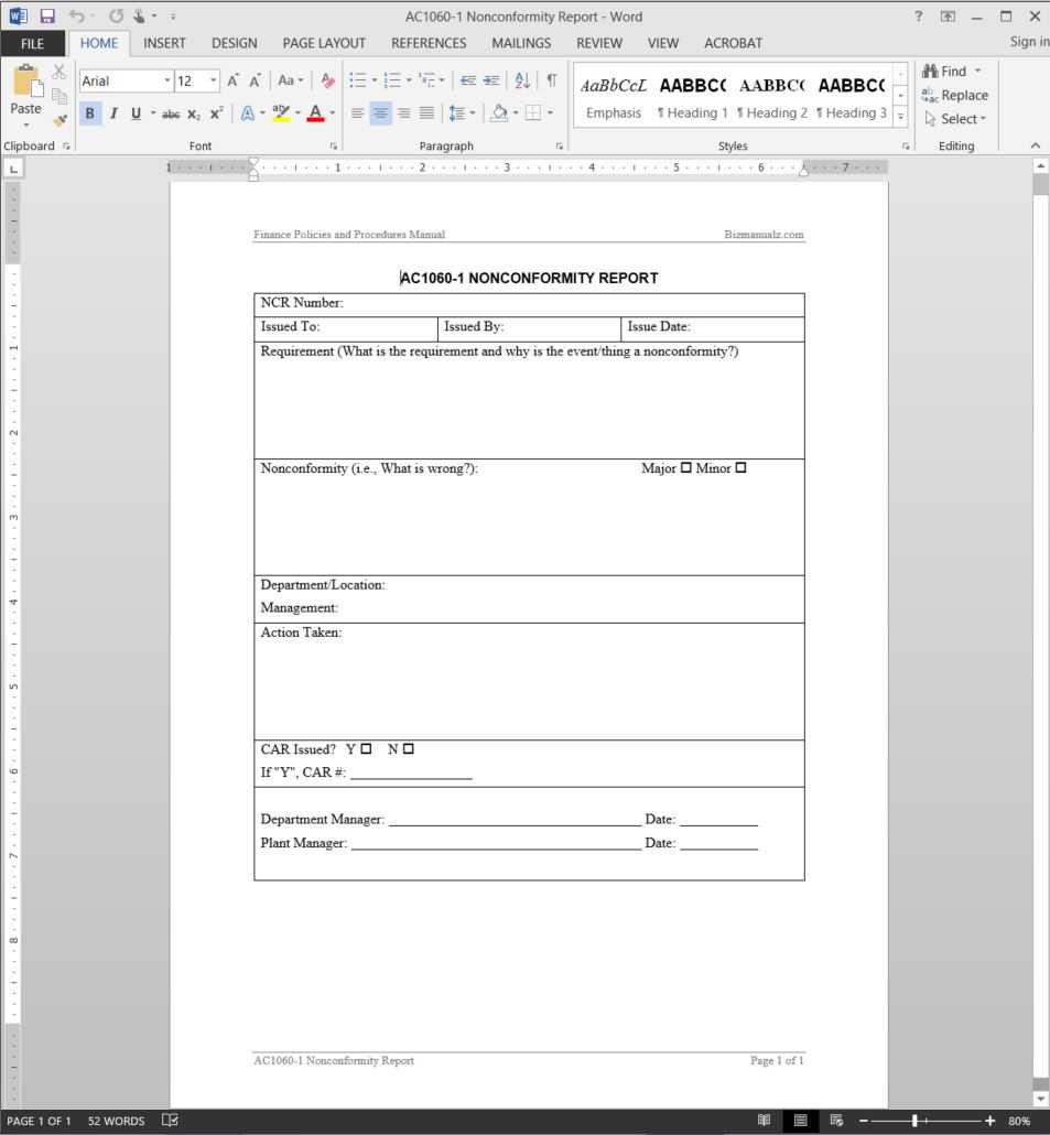 Financial Nonconformity Report Template | Ac1060 1 Within Non Conformance Report Form Template