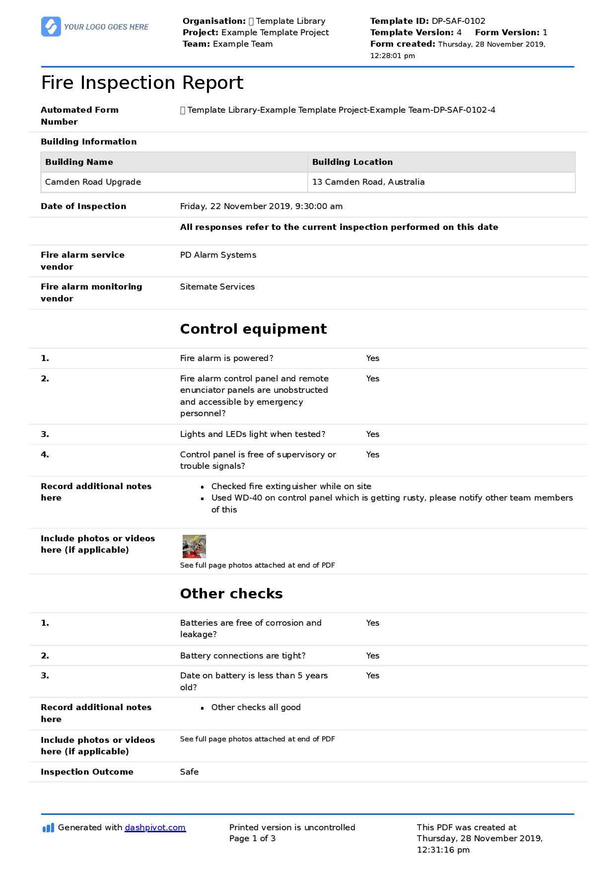 Fire Inspection Report Template (Free And Editable Form With Part Inspection Report Template