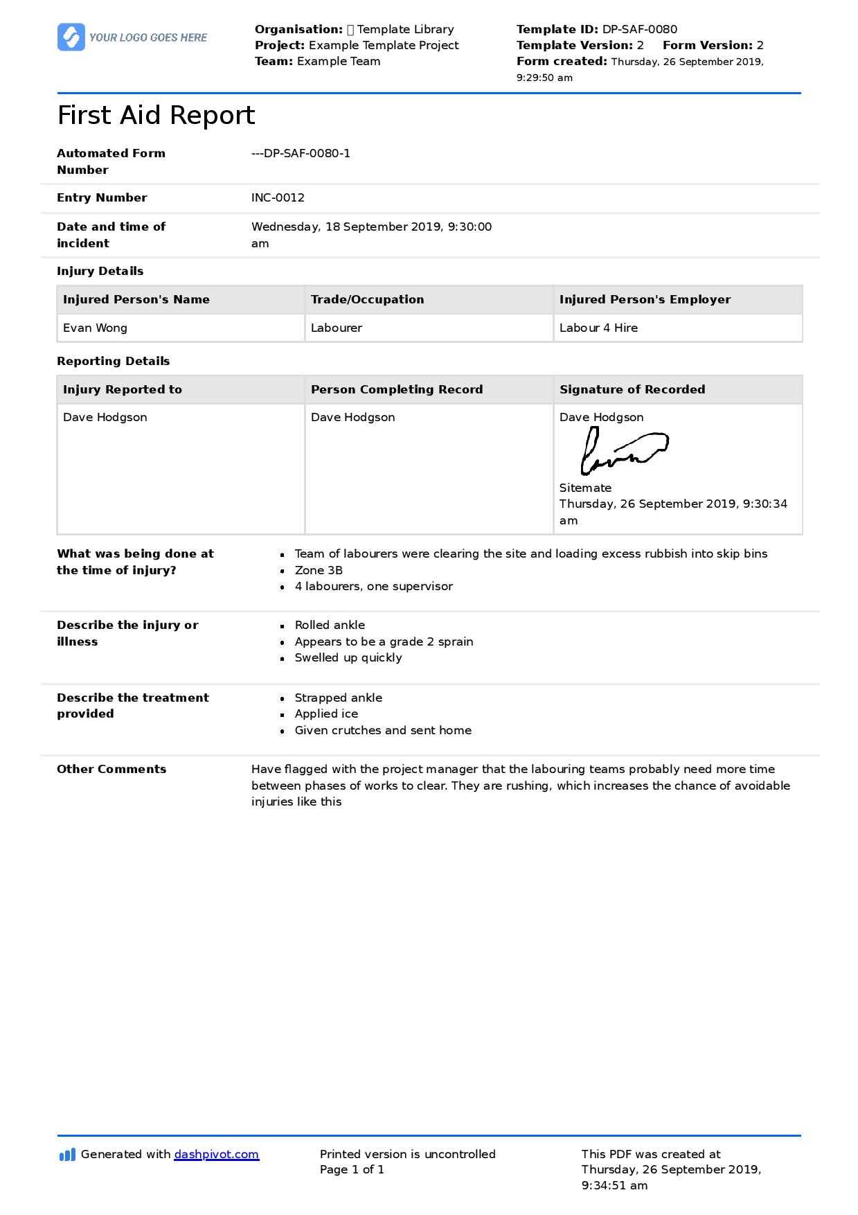 First Aid Report Form Template (Free To Use, Better Than Pdf) Regarding First Aid Incident Report Form Template