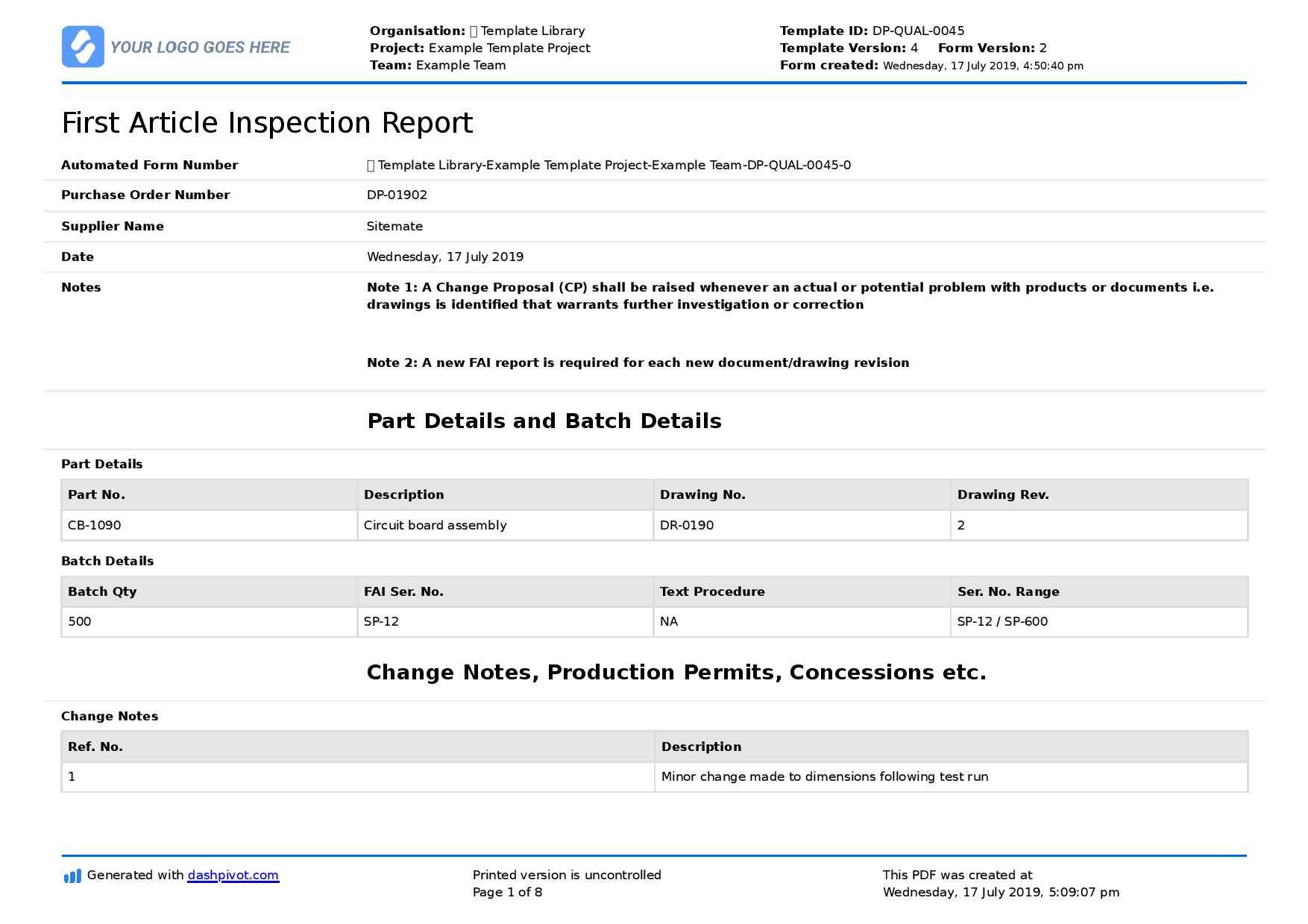 First Article Inspection Form Template: Free & Editable For Engineering Inspection Report Template