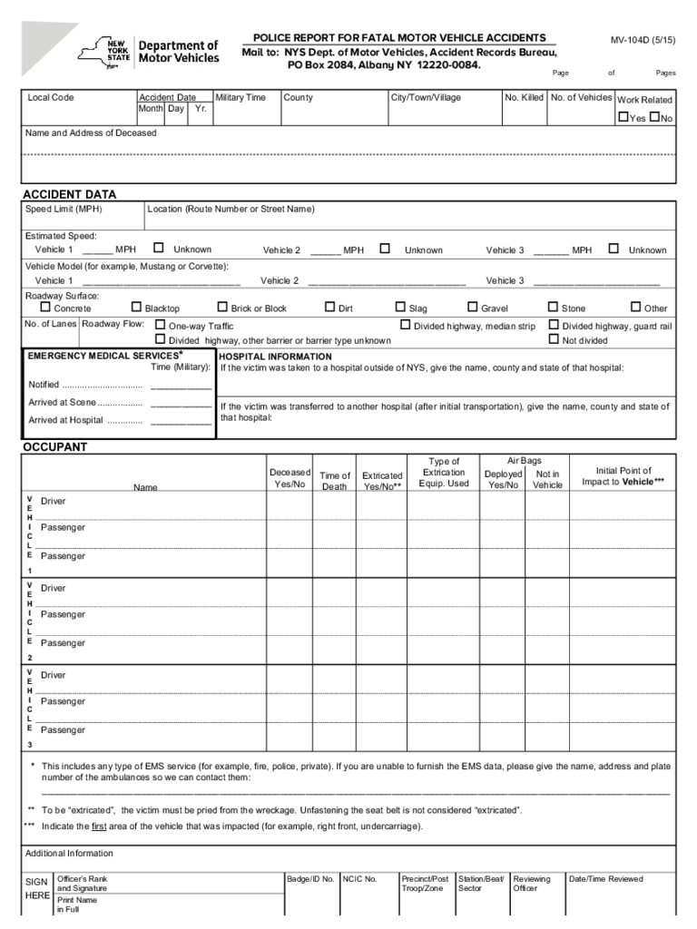 Form Mv 104D – Police Report For Fatal Motor Vehicle With Motor Vehicle Accident Report Form Template
